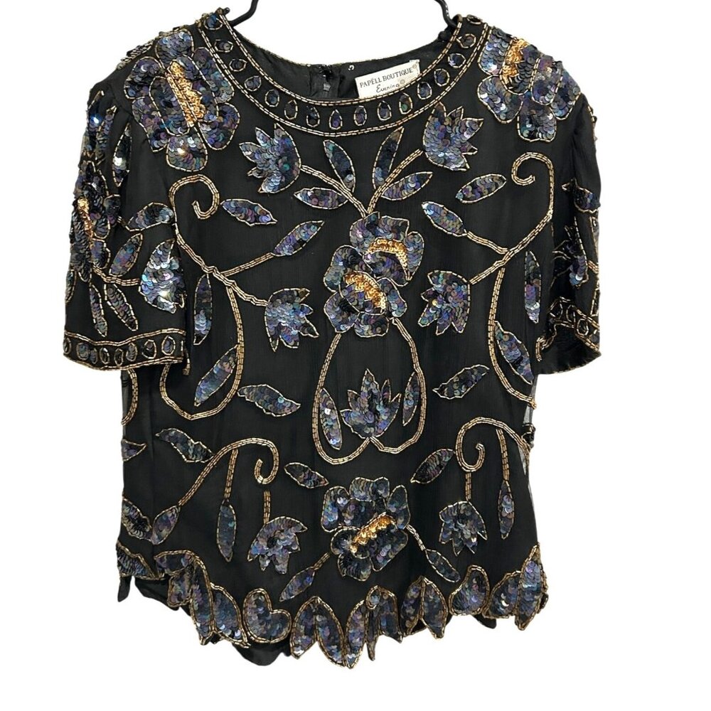 Sequin Beaded Large Papell Boutique Evening Black Floral Top Event Holiday Glam